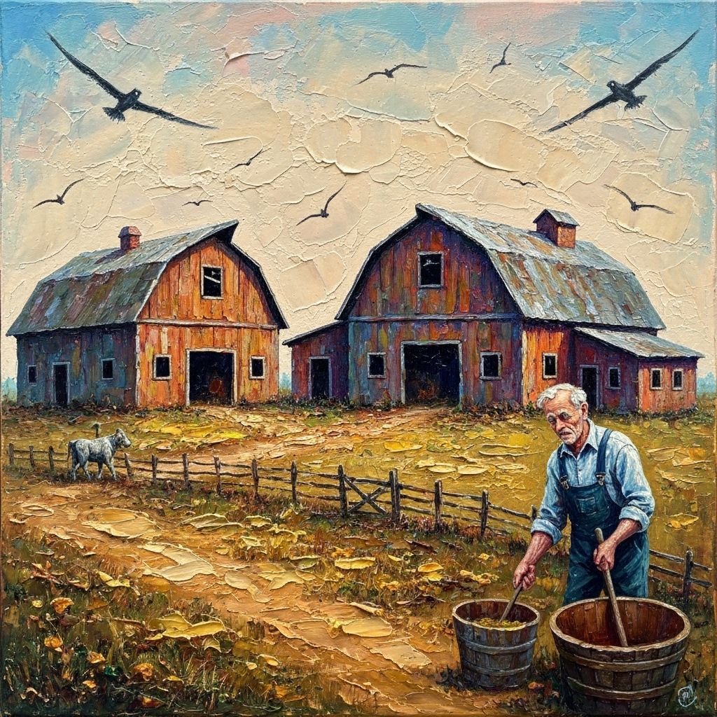 Encaustic Impasto: Gothic Farm Scene with Muted Light