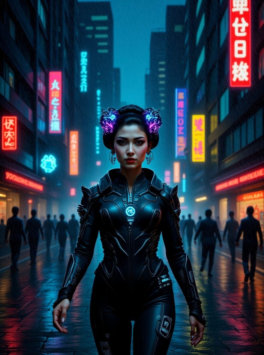 Cyberpunk Geisha in Rainy Tokyo Street