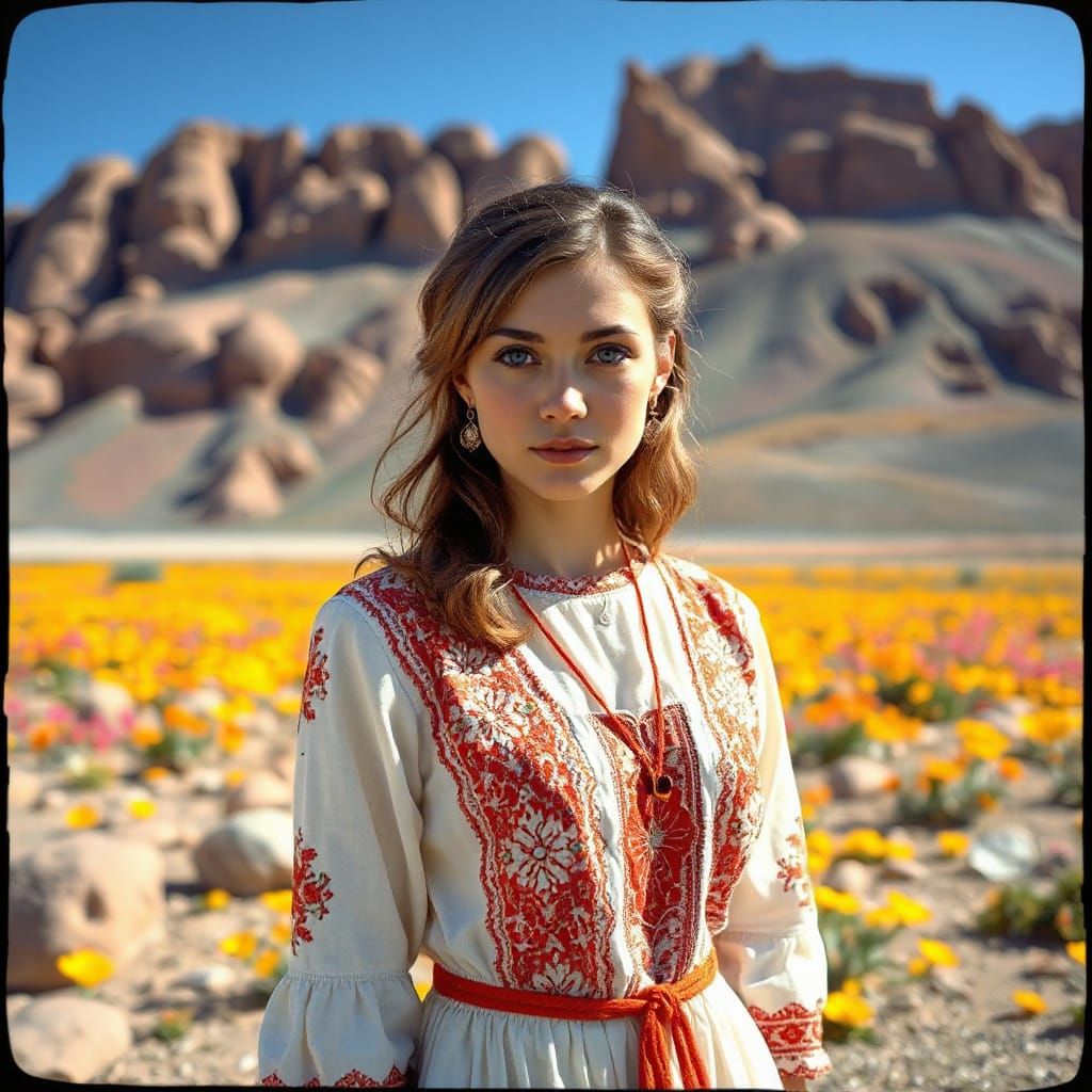 Woman in Greek Dress in Flowering Desert