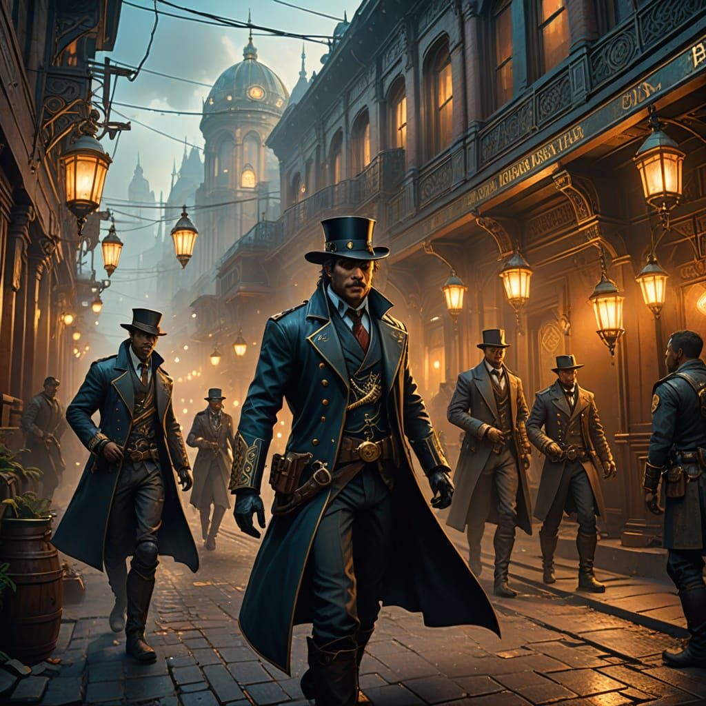 Steampunk Heroes Battle Alien Invaders in a Smoky Alleyway
