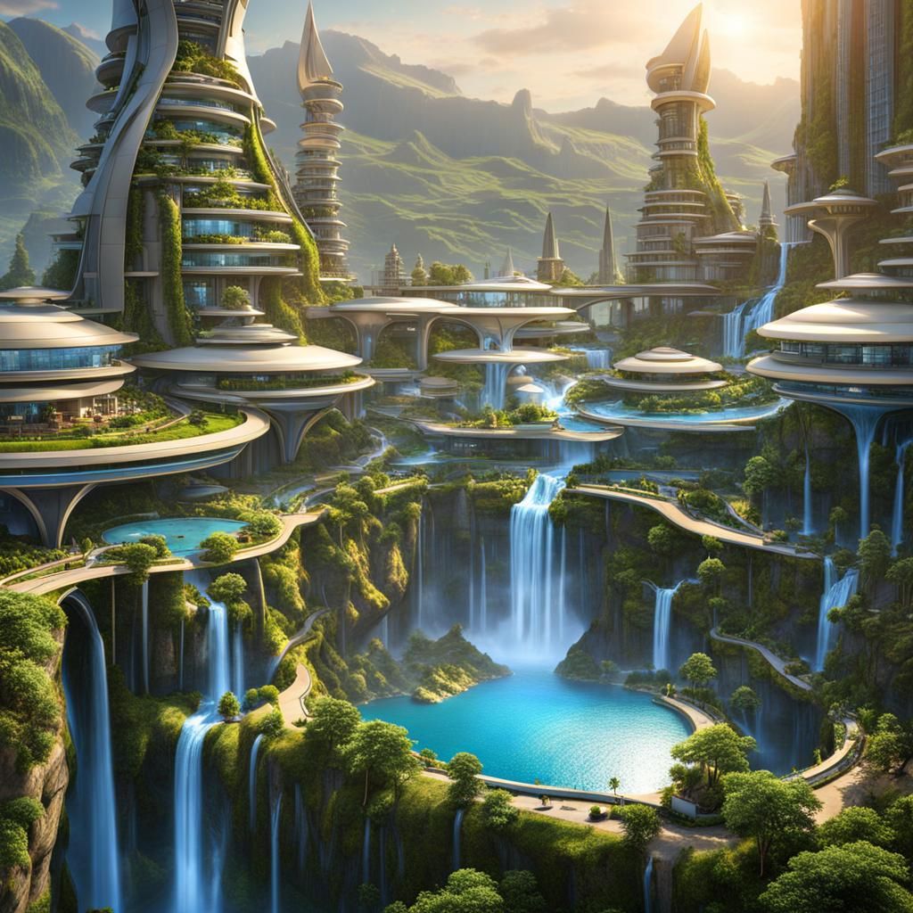 Utopian City in Space with Waterfalls
