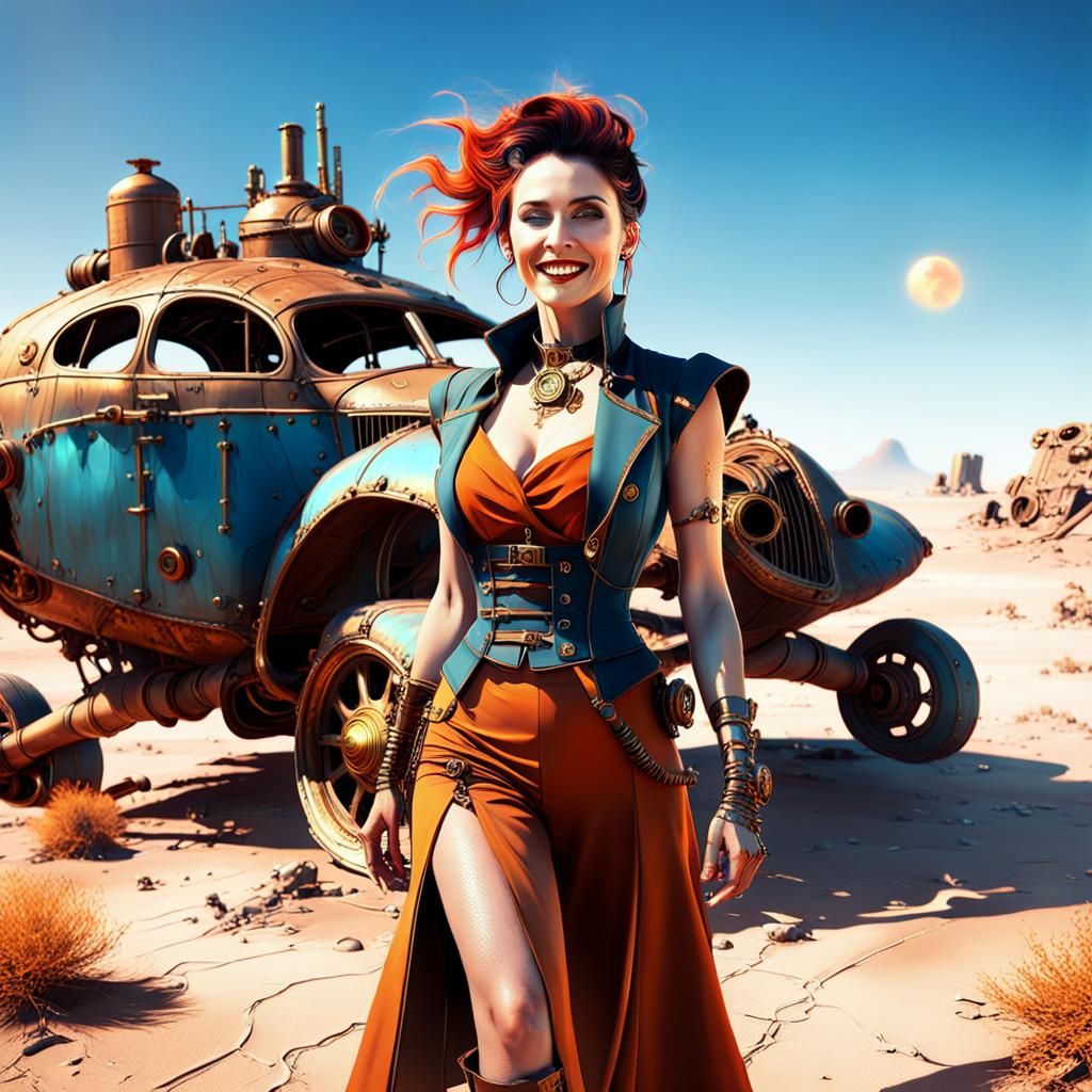 Steampunk Woman in Desert Landscape, Digital Art