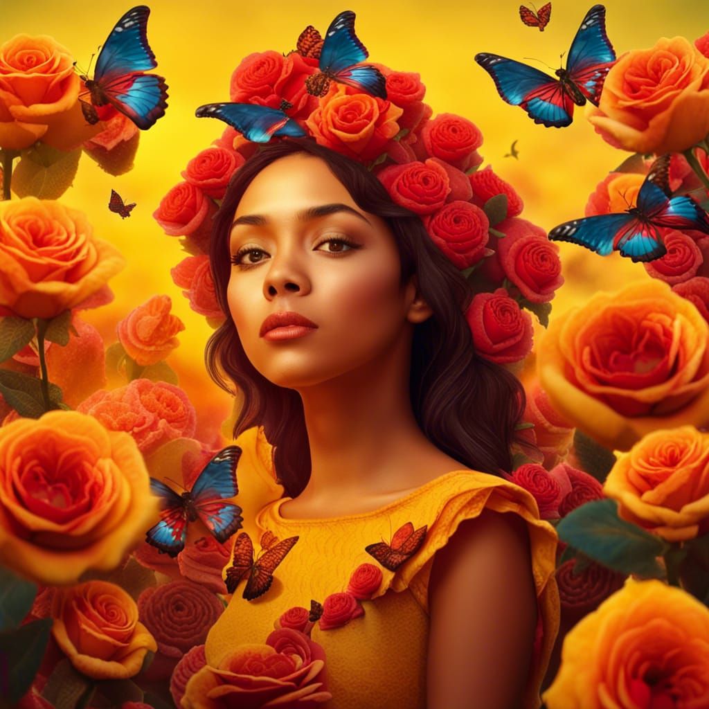 Photorealistic Portrait with Roses and Butterflies
