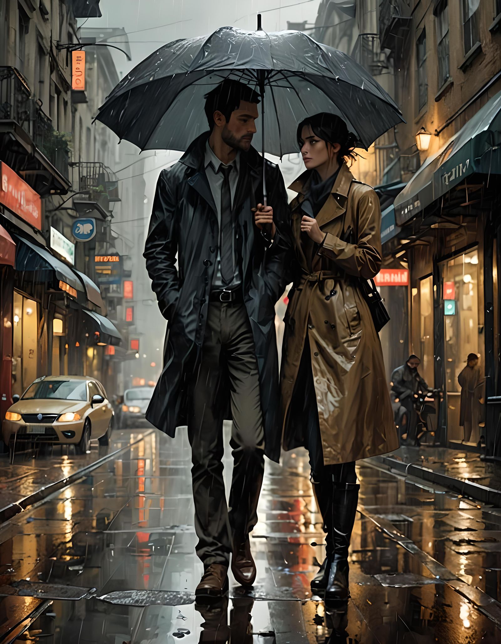 Couple Sharing Umbrella in Rainy Solitude