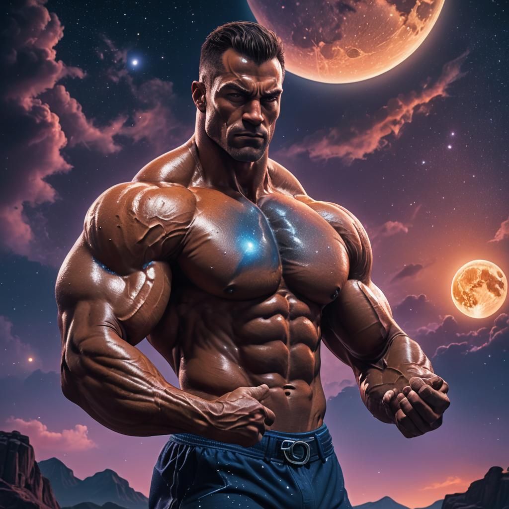 Bodybuilder Holds Glowing Moon in Hand