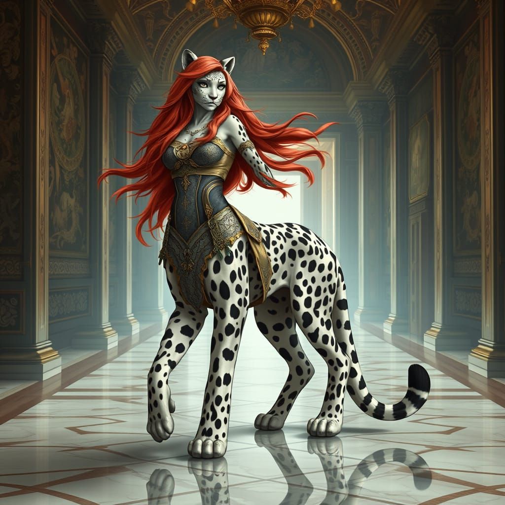 Leopard-Woman Centaur in Grand Hall, Digital Fantasy Art