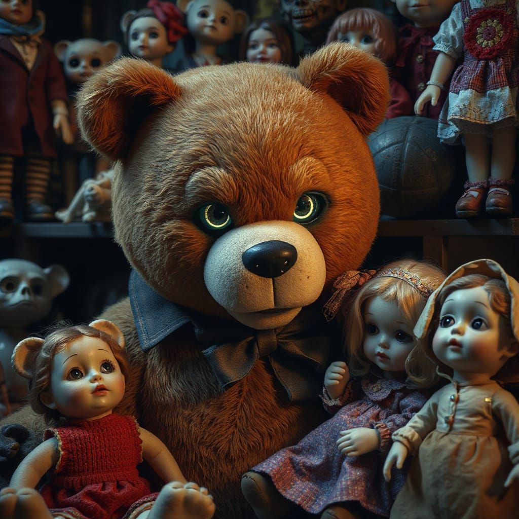 Eerie Toy Store with Glowing Teddybear and Girl
