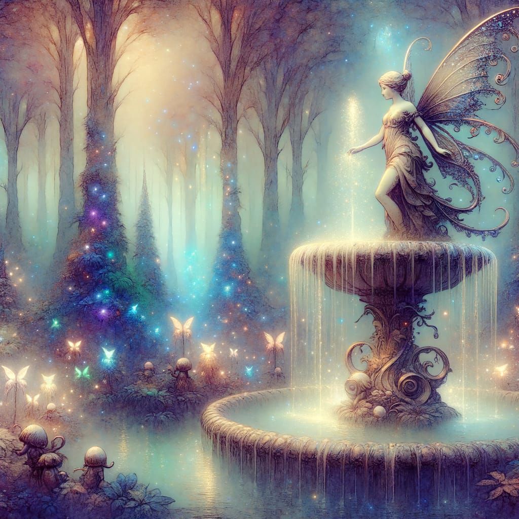 Ethereal Fairy Fountain in Enchanted Forest with Mystical Cr...