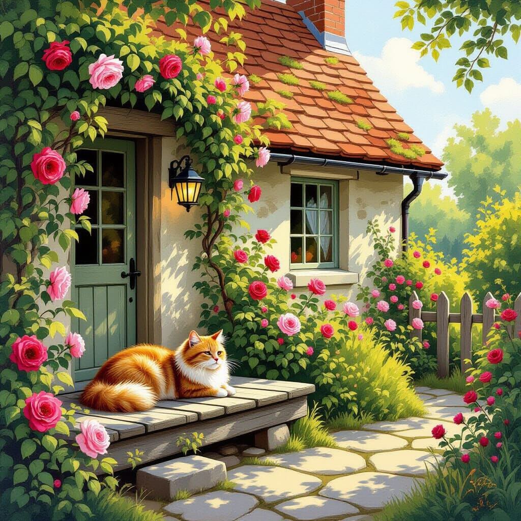 Mossy Cottage with Cat in Rose Garden Storybook Style