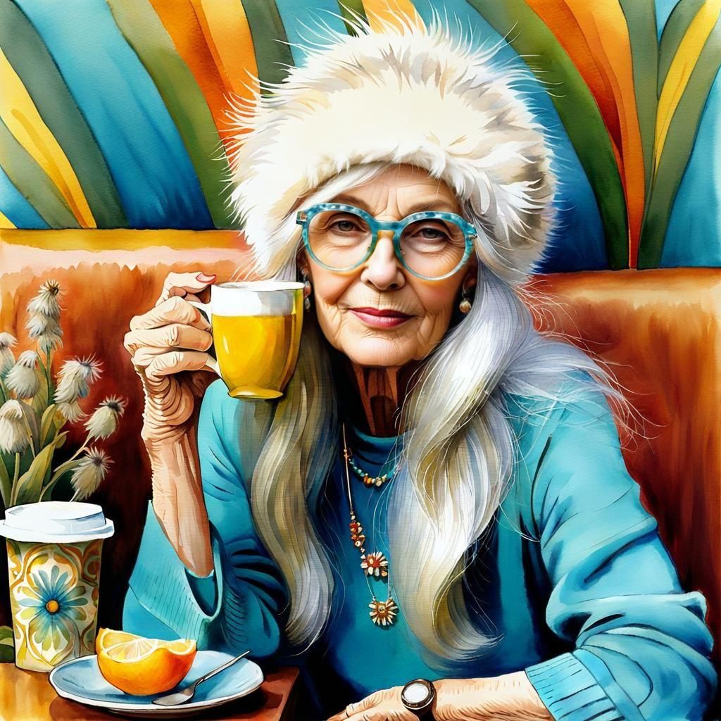 Boho Chic Woman Sipping Beverage: Watercolor Sketch