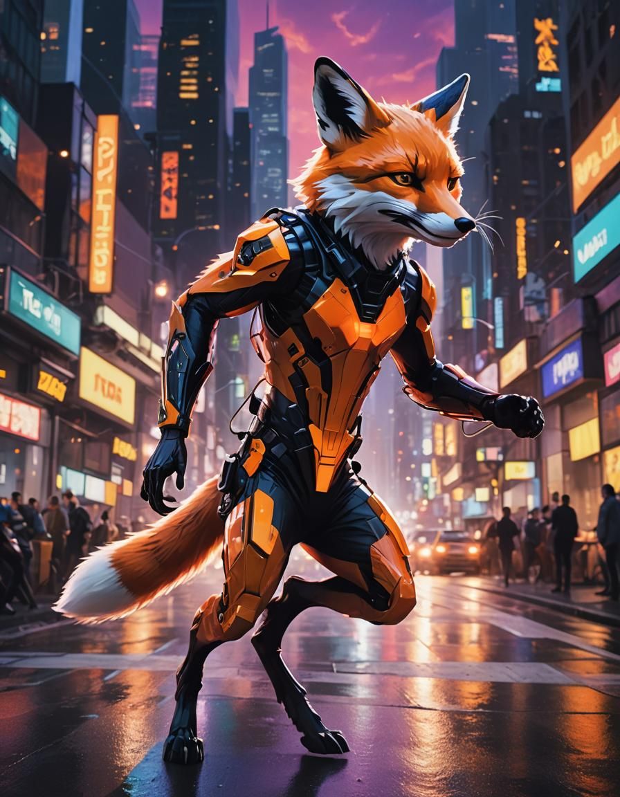 Anthropomorphic Fox Running Through City at Dusk