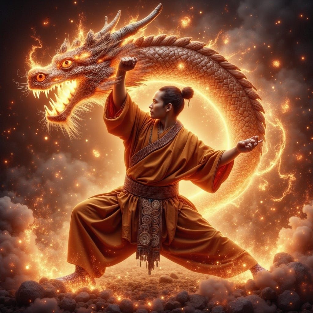 Shaolin Warrior Unleashes Fire Dragon with Kung Fu Mastery