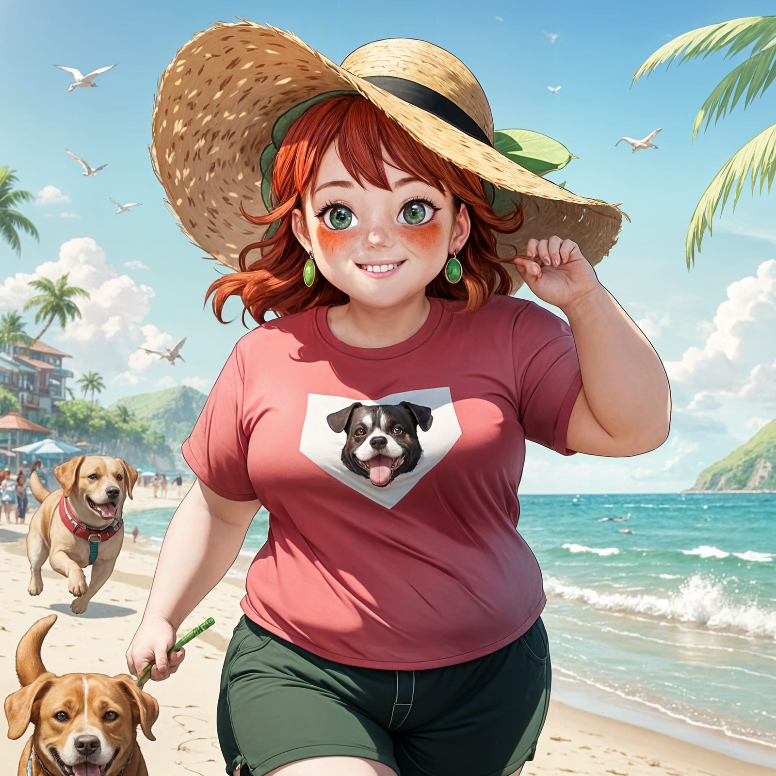 Beautiful Woman Running on the Beach with Her Lovable Labrad...