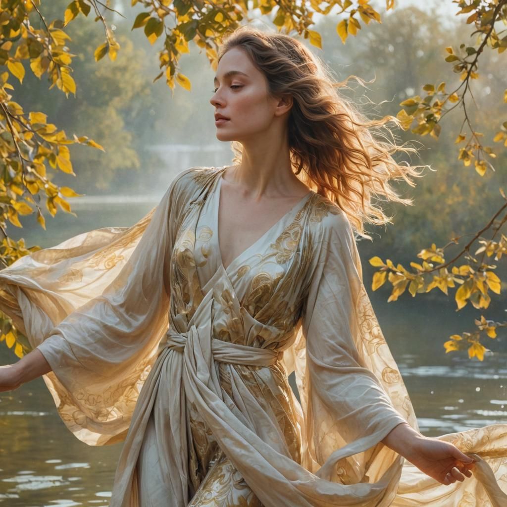 A graceful woman stands in profile, her slender form draped in flowing fabric that billows in the wind. The elements aro...