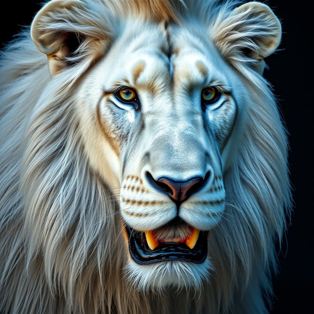 Hyperrealistic White and Blue Lion Portrait