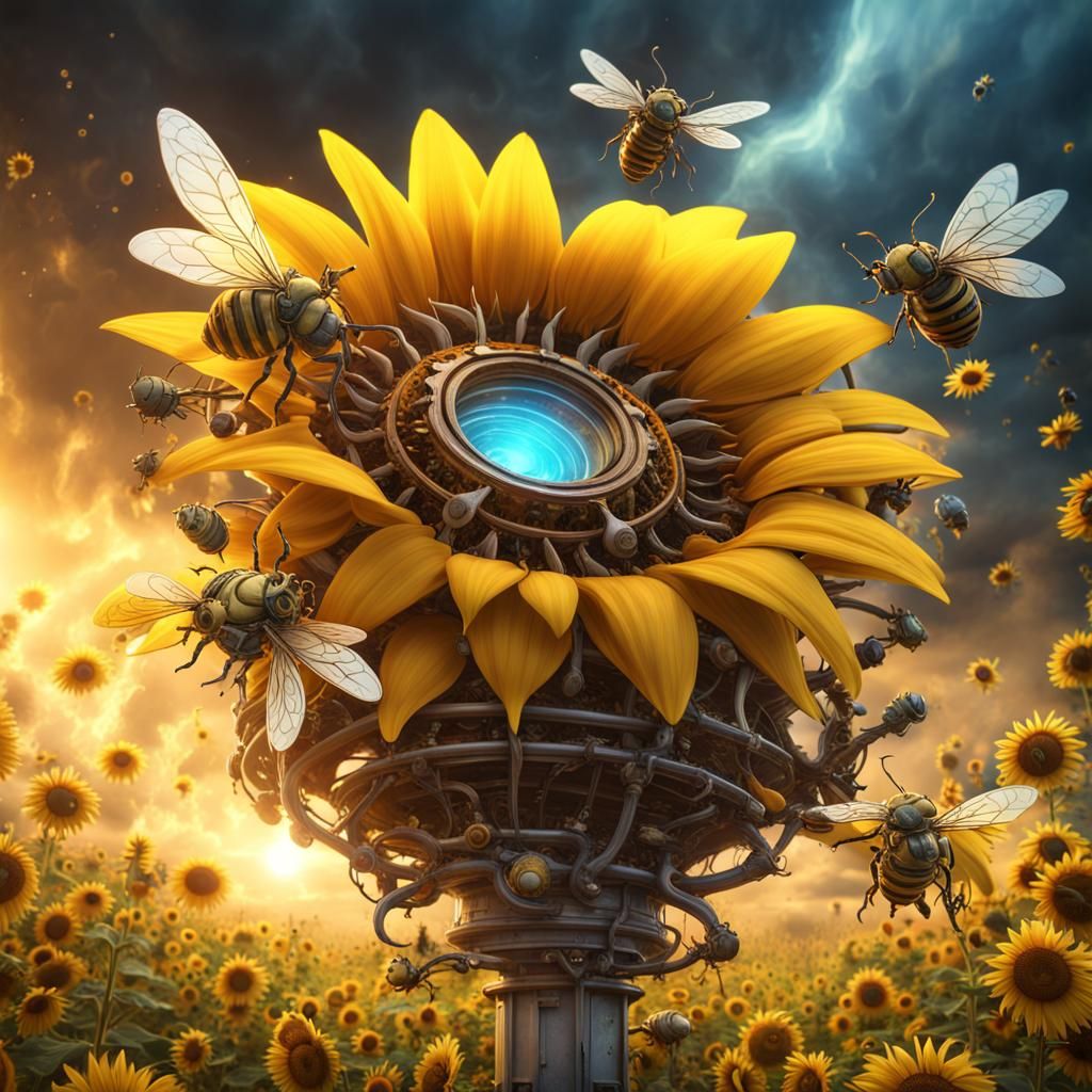 Steampunk Sunflower with Mechanical Bees