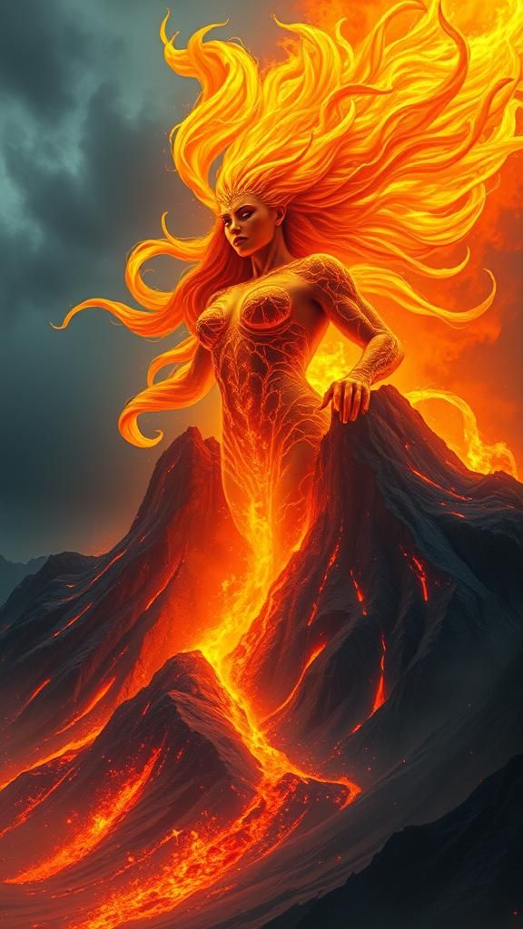 Fiery Lava Goddess Rising from Volcano