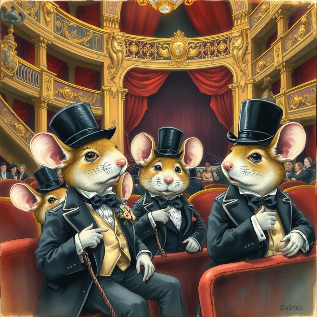 Mice in Opulent Opera House, Inspired by Whimsical Realism