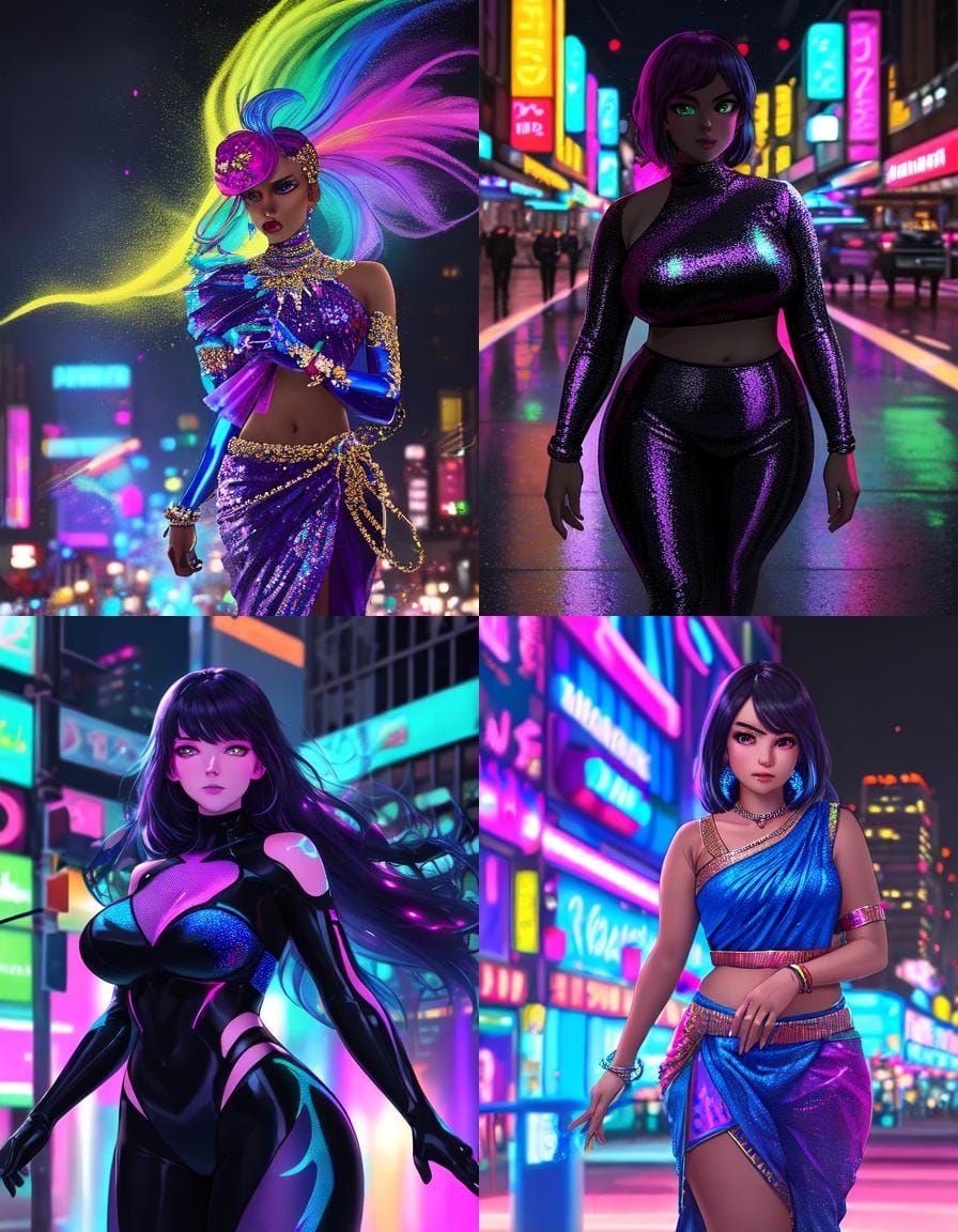 Curvy Woman in Rainbow Saree Walking City at Night