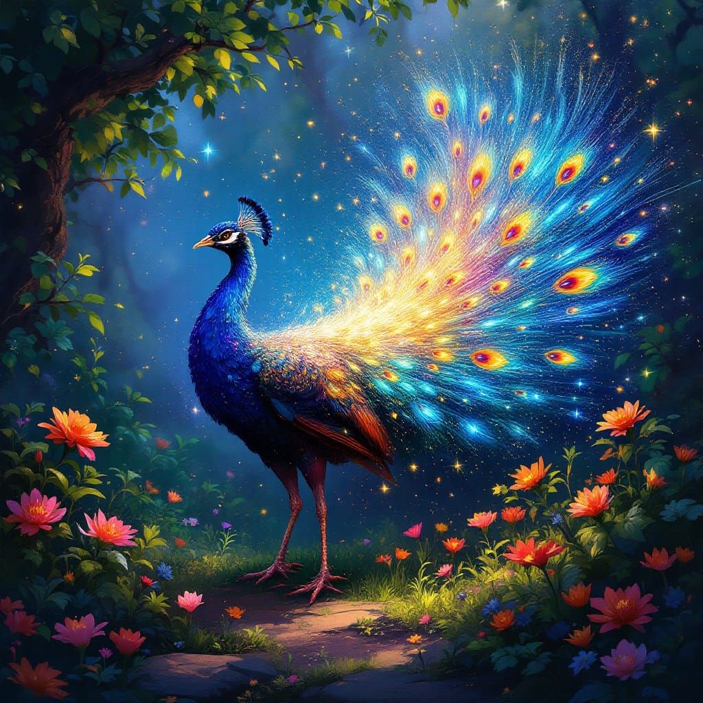 Glowing Peacock in Vibrant Lush Garden