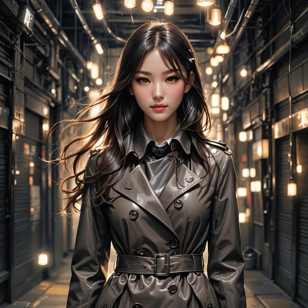 Anime Woman in Glowing Trench Coat: Photorealistic Art