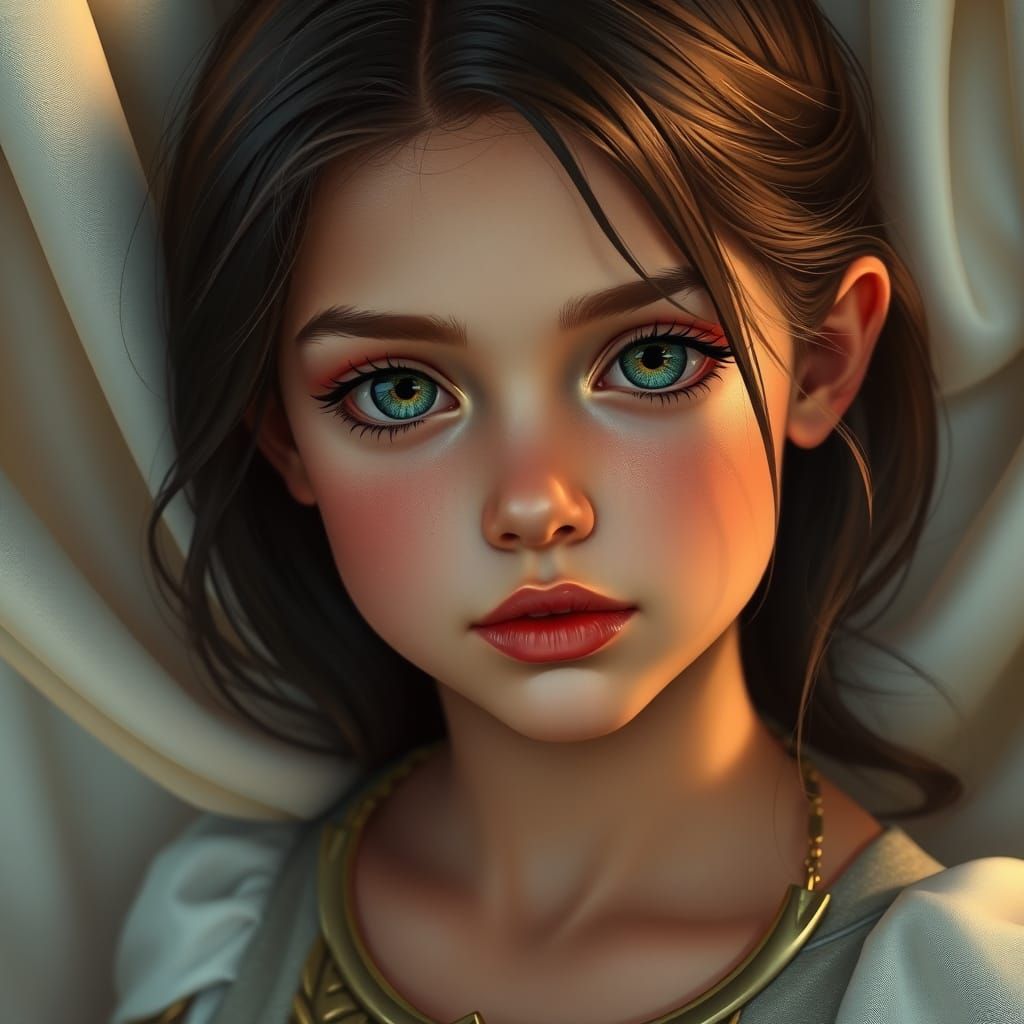 A high-resolution close-up portrait of a young supergirl wit...