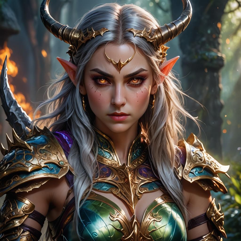 beautiful woman elf horned muscular kneeling in anger wearin...