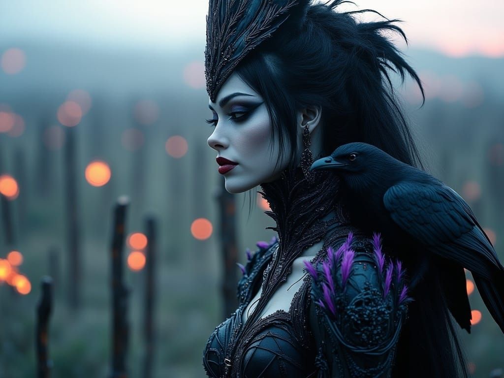 Gothic Queen with Raven on Battlefield