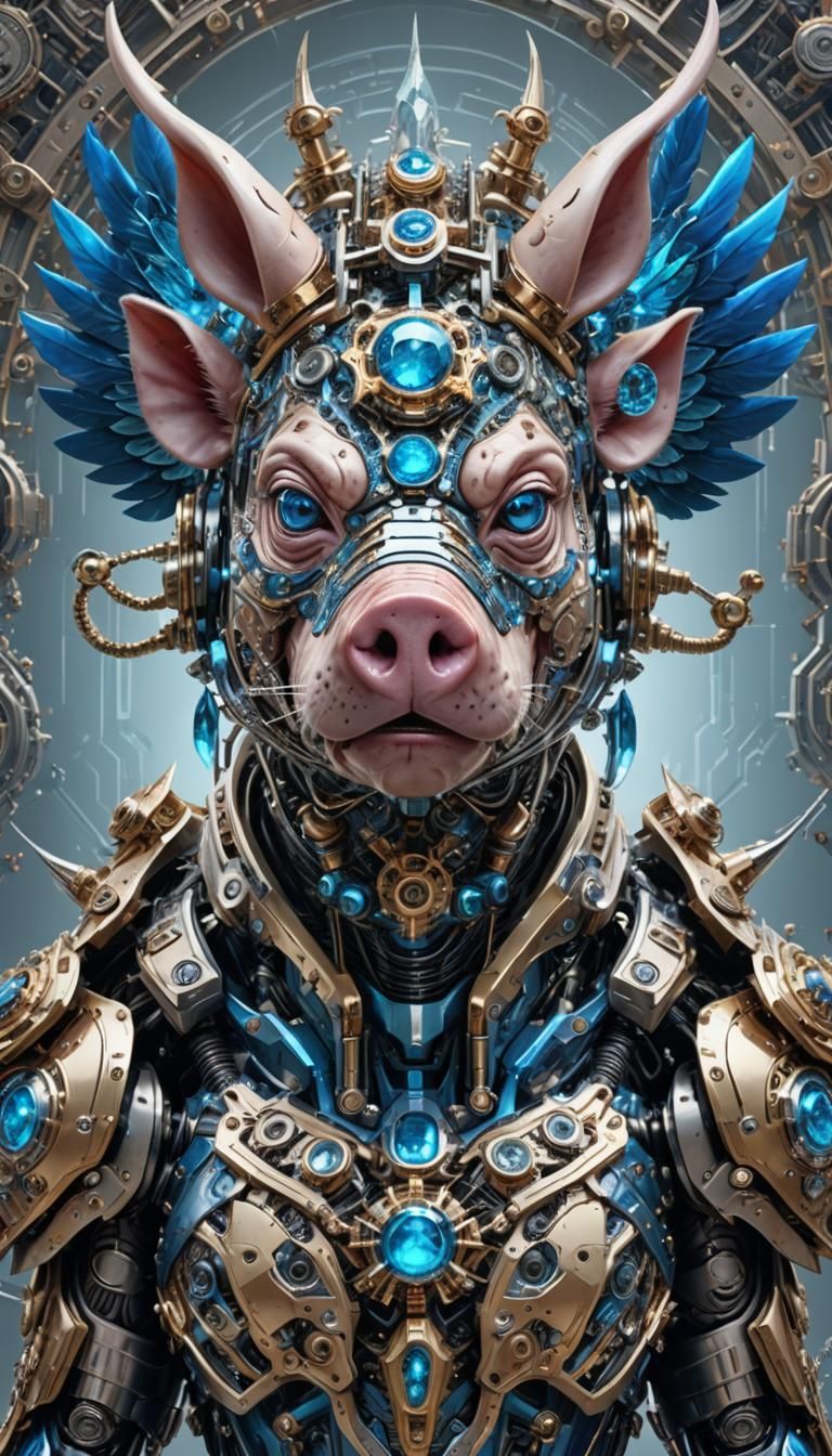 Cyborg Pig Warrior with Fractal Helmet, 3D Render