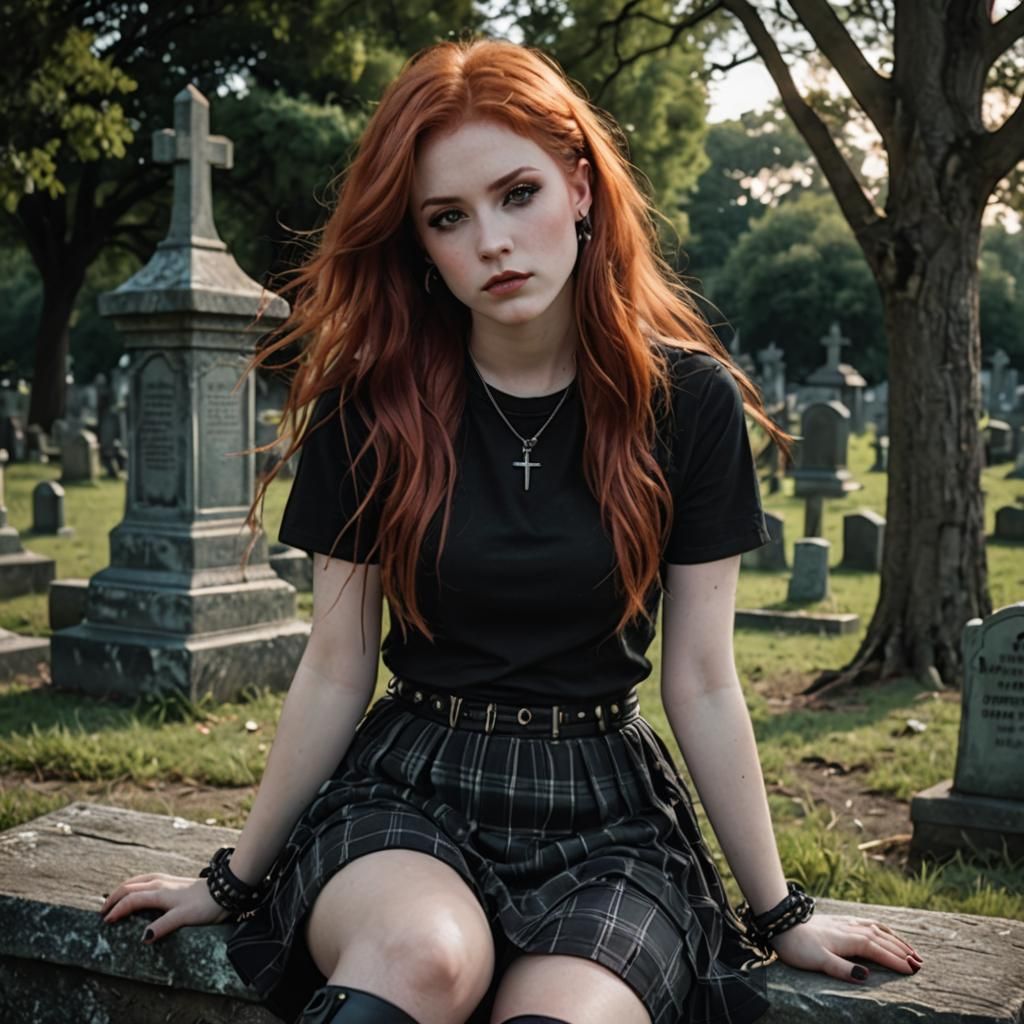 Redhead Goth Woman in Graveyard Moonlight