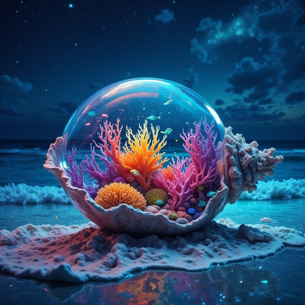 Coral Reef Dreamscape in Glass Conch Shell