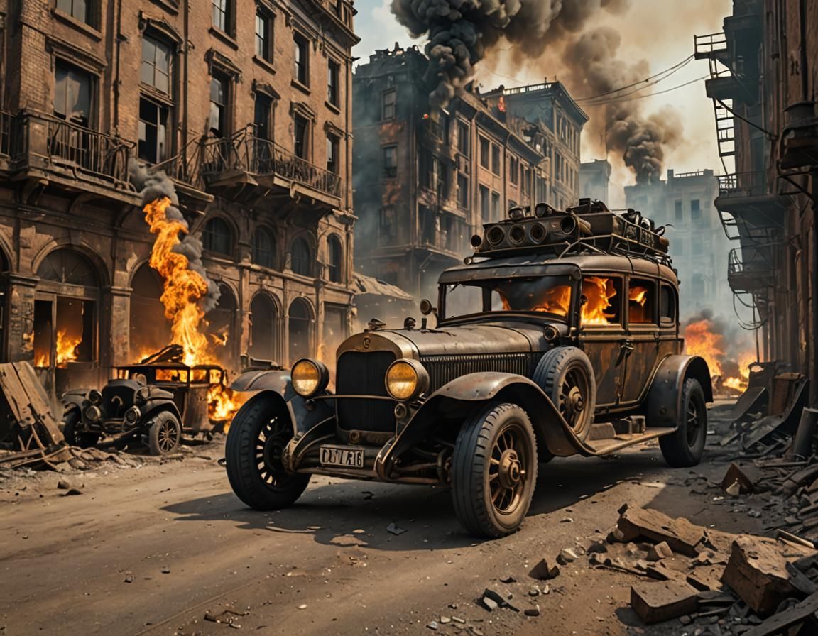 Gaspunk threatening_vehicle with gotic_gángsters driving and shooting, Post-apocalyptic scale car on post-apocalyptic ba...