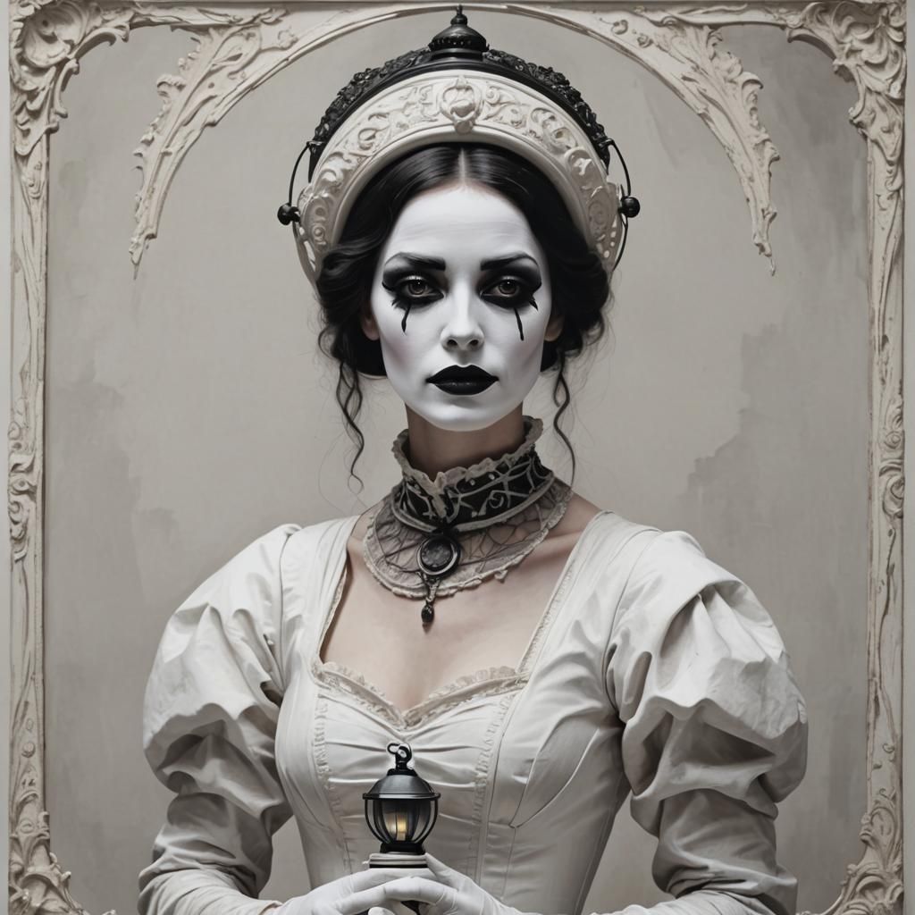 Elegant Woman with Lantern in Mime Art Style