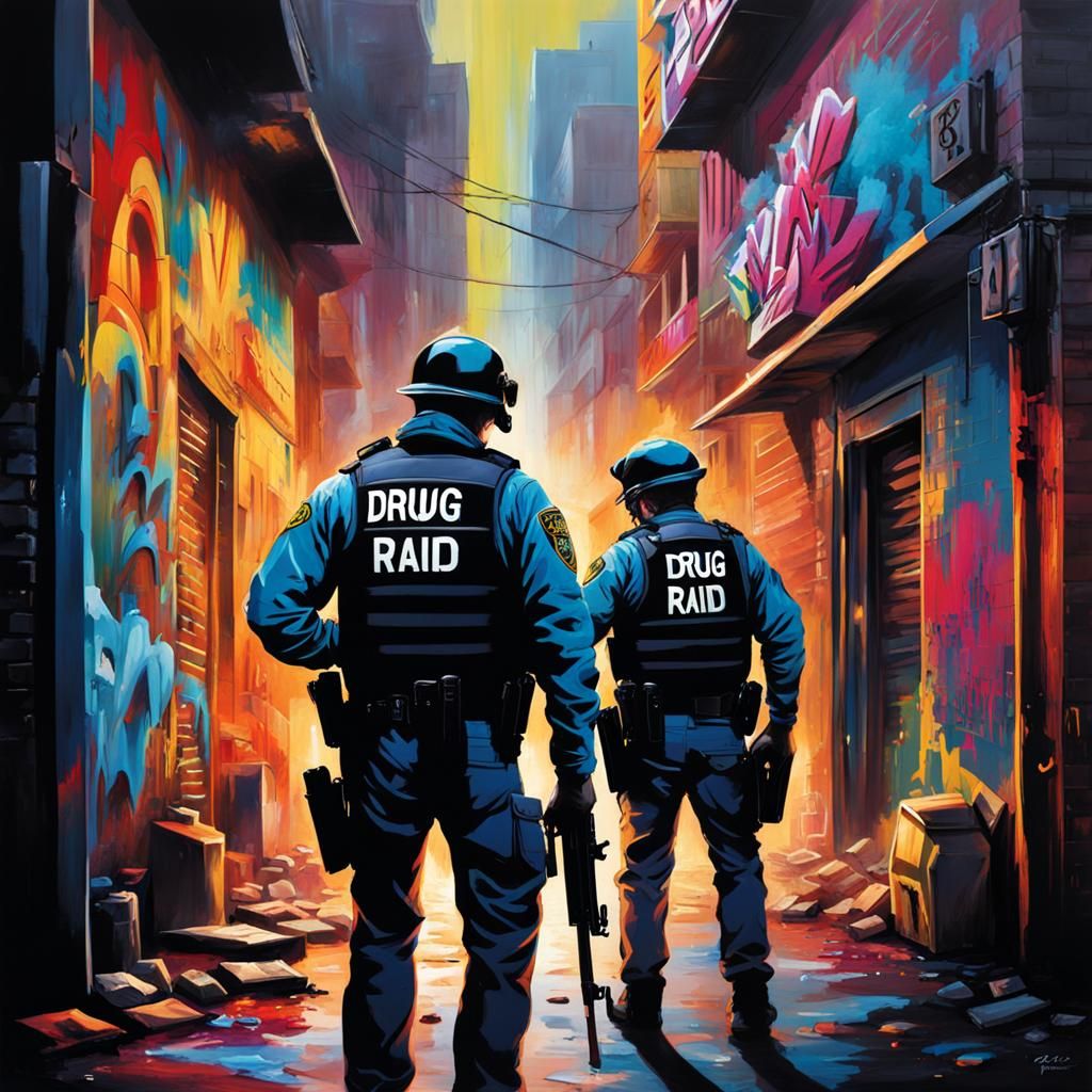 Police Drug Raid in Graffiti Art Style