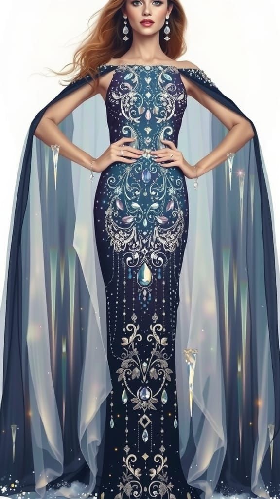 Woman in Shimmering Ice Gown Under Moonlight