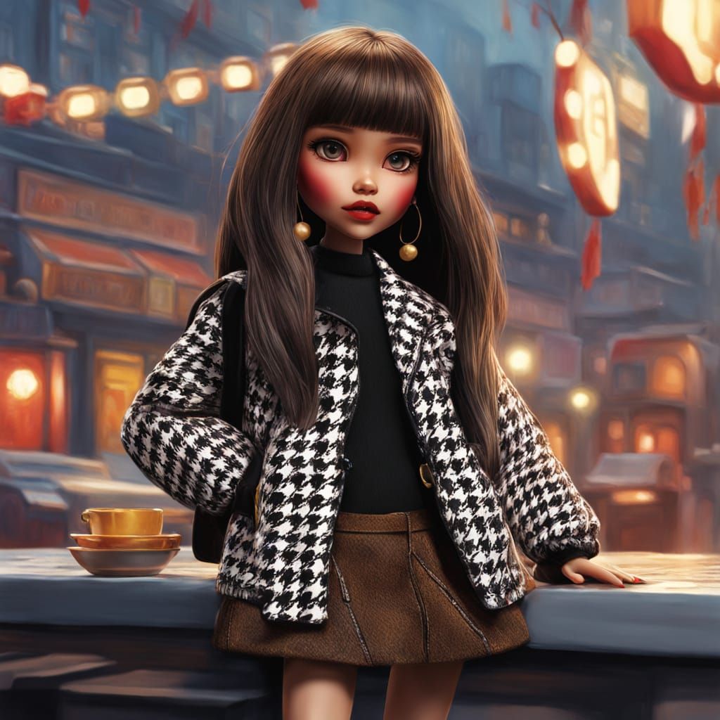 Mini Blythe Doll in Houndstooth Jacket: Digital Art