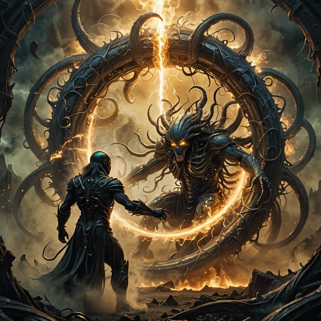 Toroidal Monster in Mystical Battle: Surreal Dark Fantasy