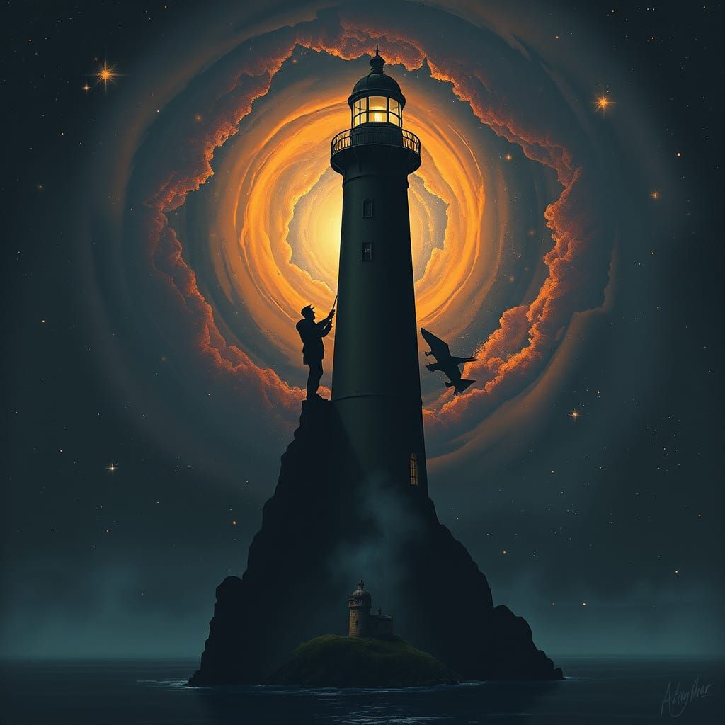 Steampunk Lighthouse Keeper in Cosmic Nebula