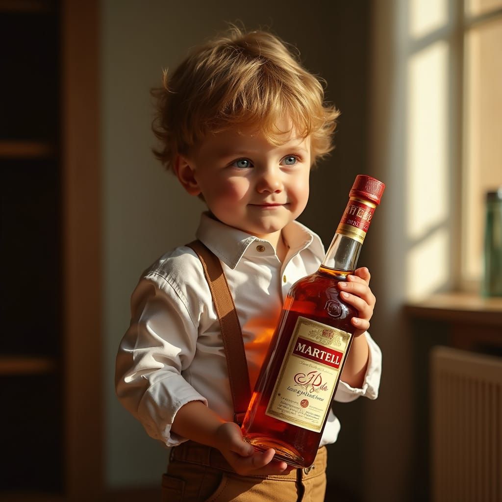 Child Holds Cognac Bottle with Care in Warm Light