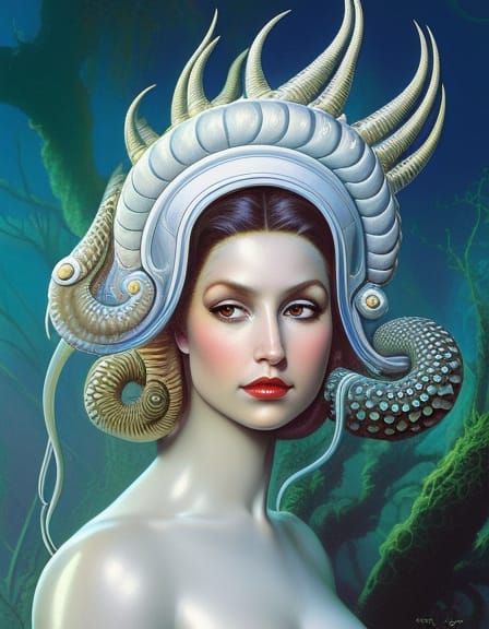 Nautiloid Girl in Armored Exoskeleton: Science Fantasy Portr...