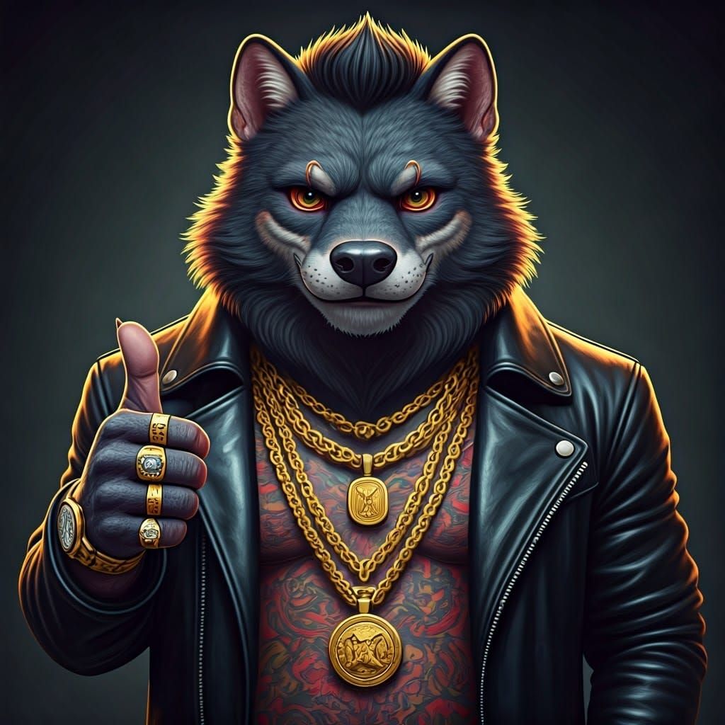Rugged Anthropomorphic Gangster Rapper Confidently Flashes T...