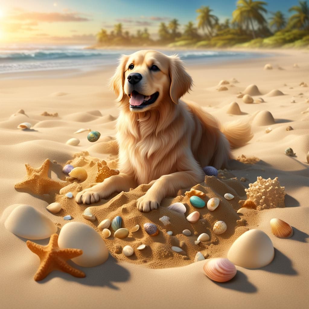 Golden Retriever Builds Sandcastle: Detailed Digital Art