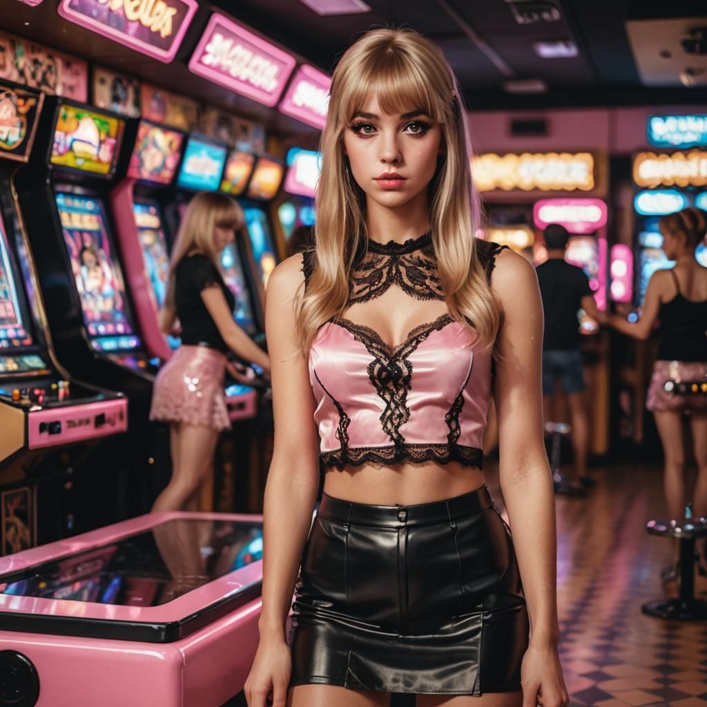 Blonde Woman Portrait in Arcade Gameroom