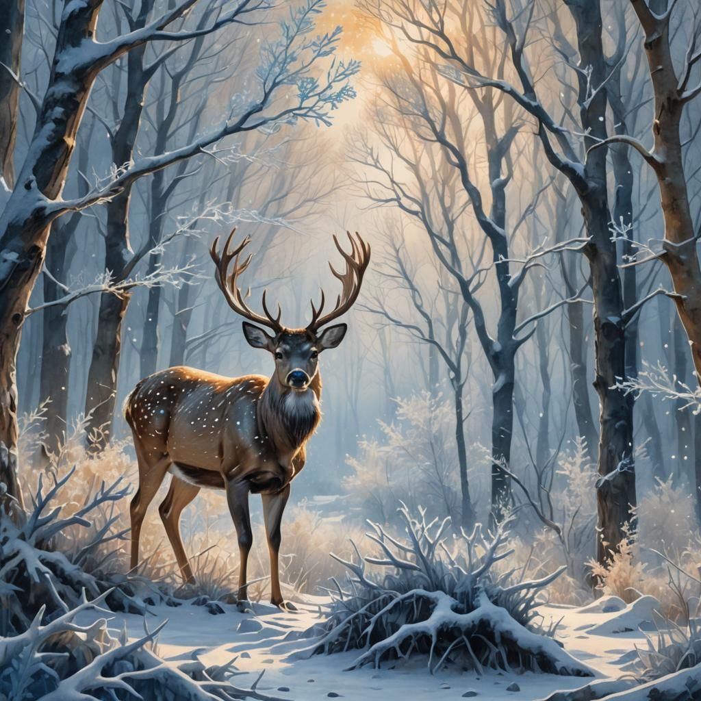 Deer in Winter Forest: Watercolor Matte Painting
