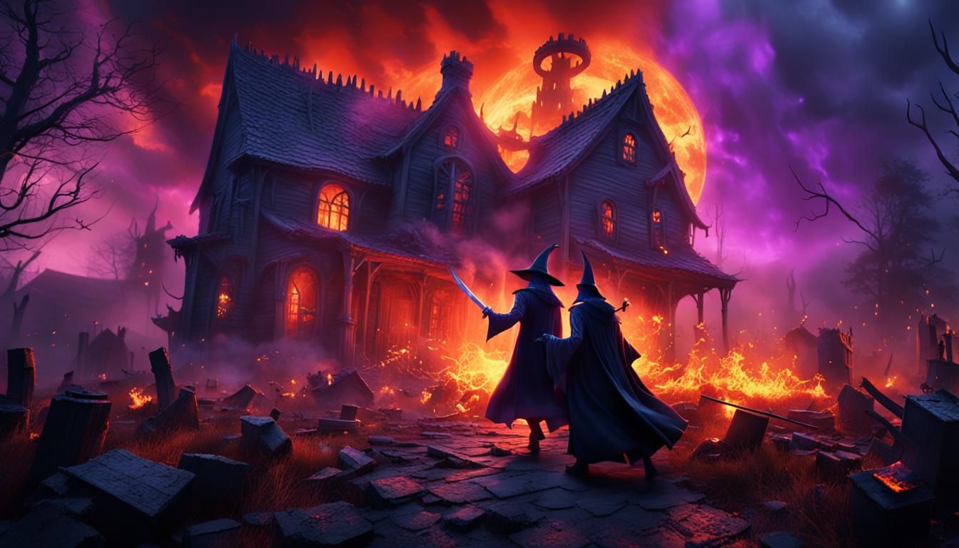 Epic Witch and Wizard Duel in 3D Fantasy Art