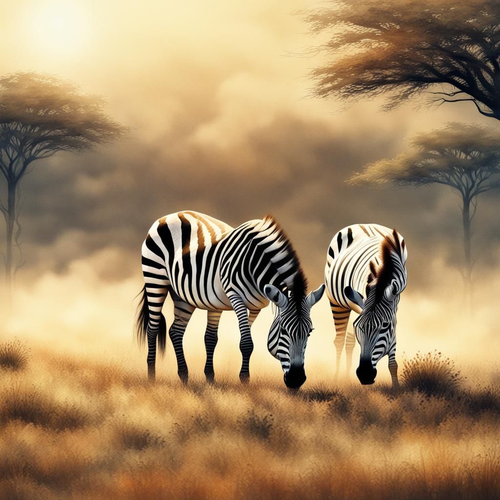 Zebras grazing in the savannah
