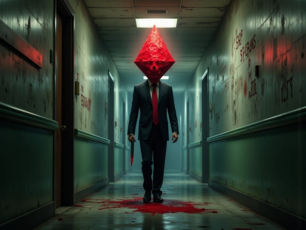 Horror Pyramid-Headed Figure in Abandoned Hospital Hallway