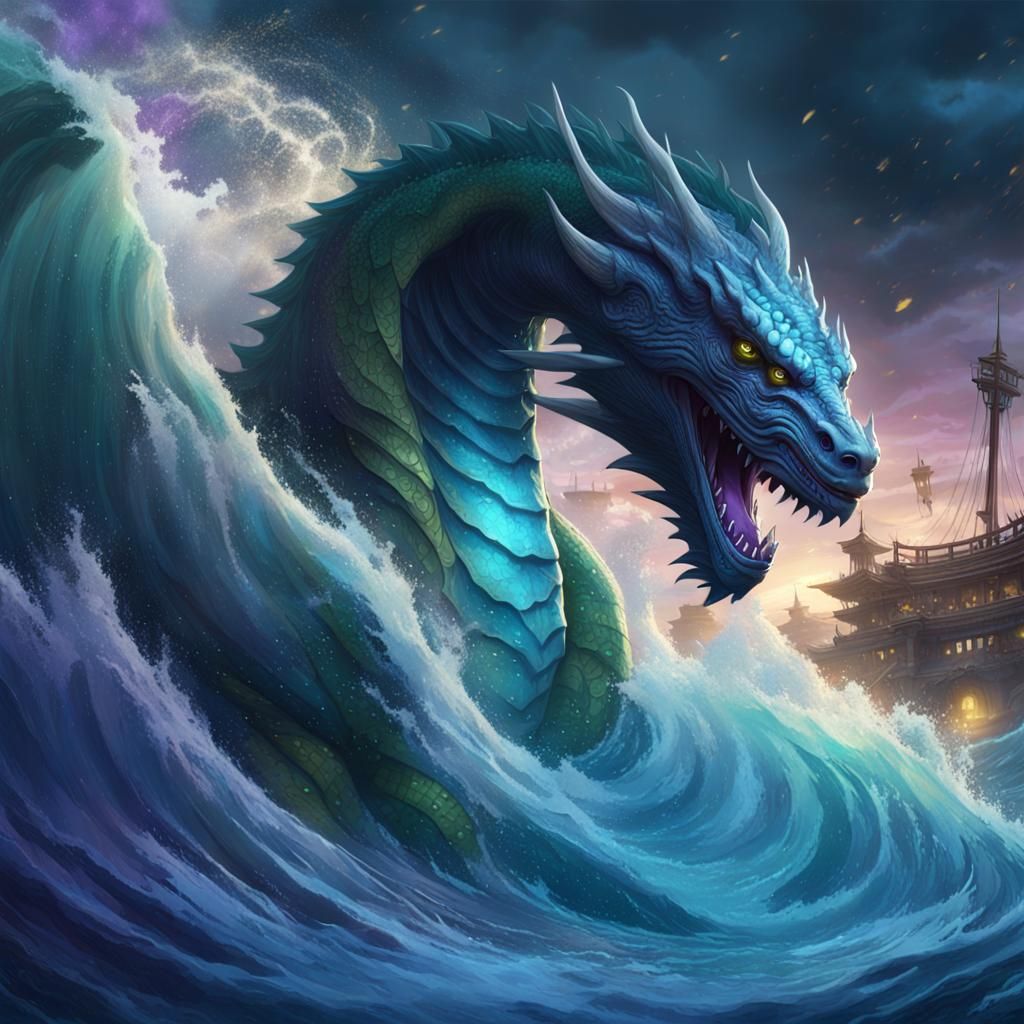 Water Dragon in Tsunami: Dark Fantasy Concept Art
