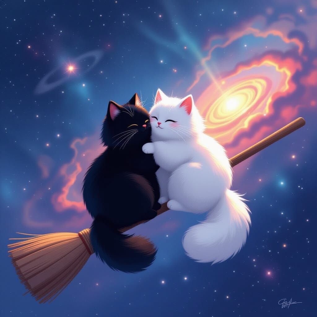 Cats Cuddle on Broom in Cosmic Nebula