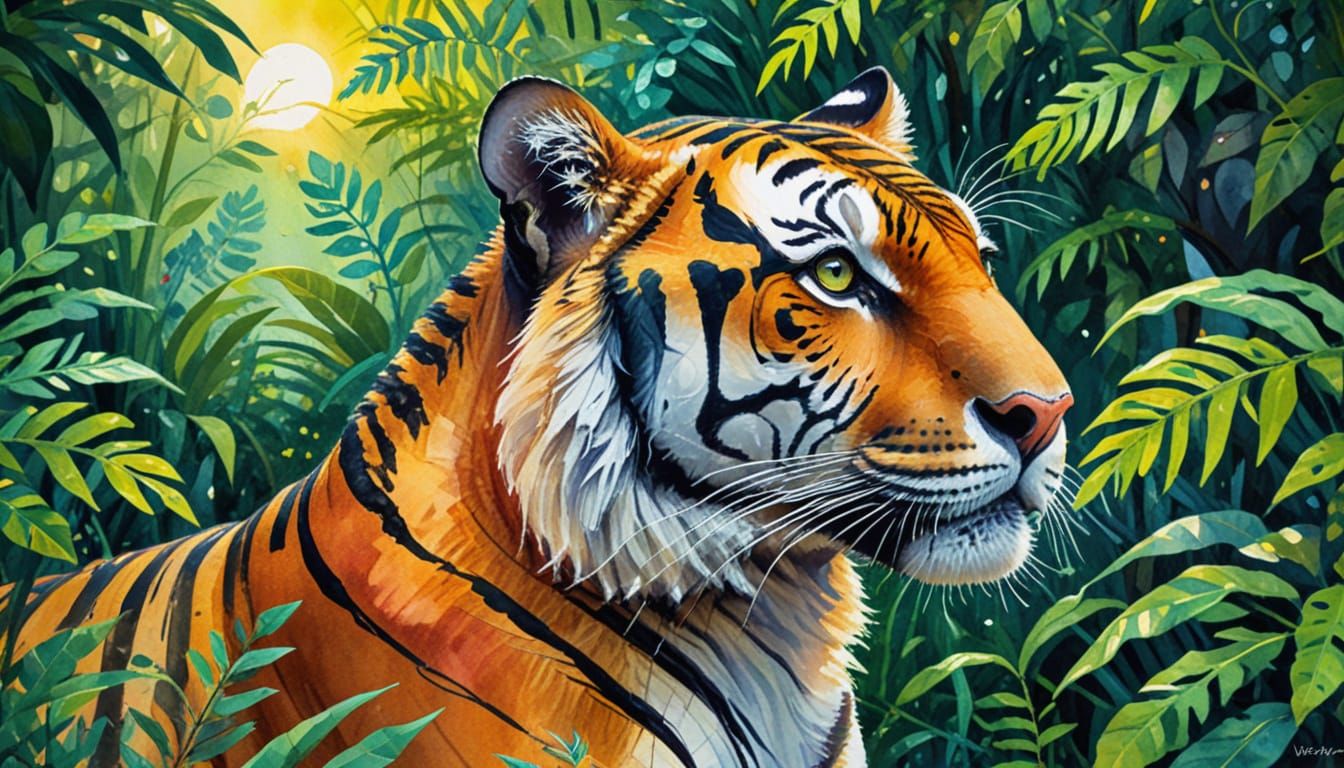 Watercolor Tiger in Jungle: Fauvist Wildlife Art